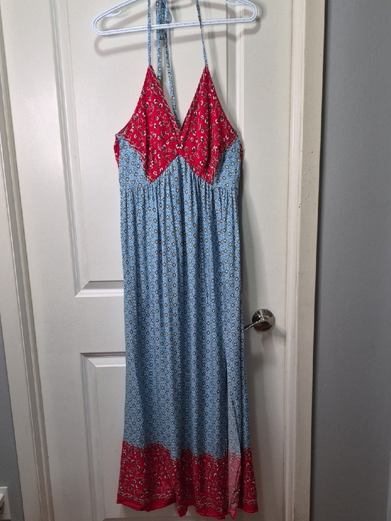 Luukse Dresses & Skirts - V-Neck Halter Maxi Dress in Red and Light Blue